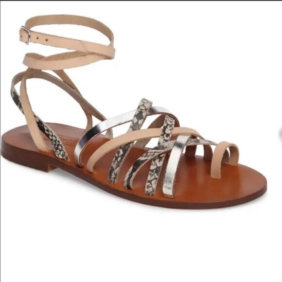 Topshop Strappy Leather Snakeskin Reptile Silver & Tan Sandals Size 38 US 8 - Picture 1 of 10